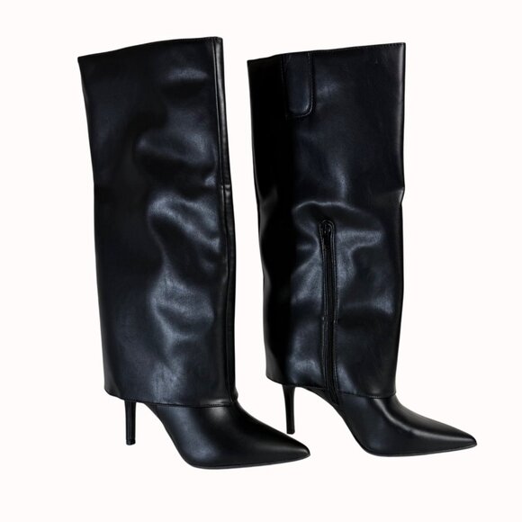 Worthington Black Stiletto Dress Boots Size 6.5 Fold Over Pointed Toe Night Out - Picture 2 of 16